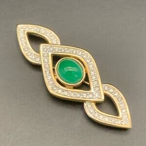 Vintage Panetta Art Deco Style Faux Jade Rhinestones Eye Bar Brooch